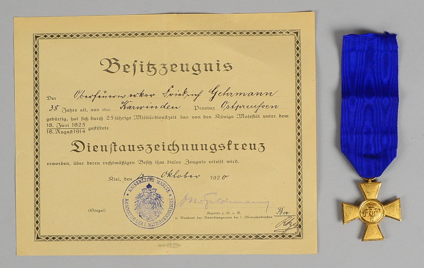 Ehrenz. (I. WK): 'Kreuz am Band' in Gold - 'Dienstausz. I. Klasse', mit Urkunde
