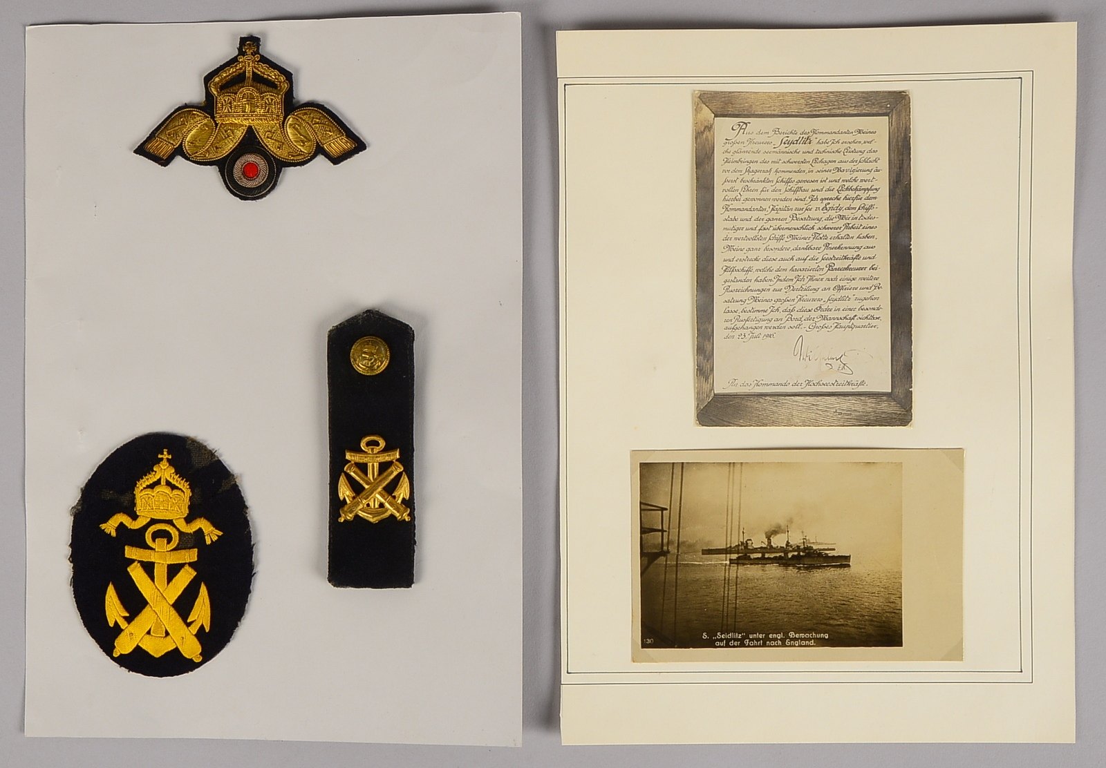 Marine-Sammlerkonvolut (I. WK): 3x Abz., und 3x Marine-Postkarten ('SMS Seydlitz')