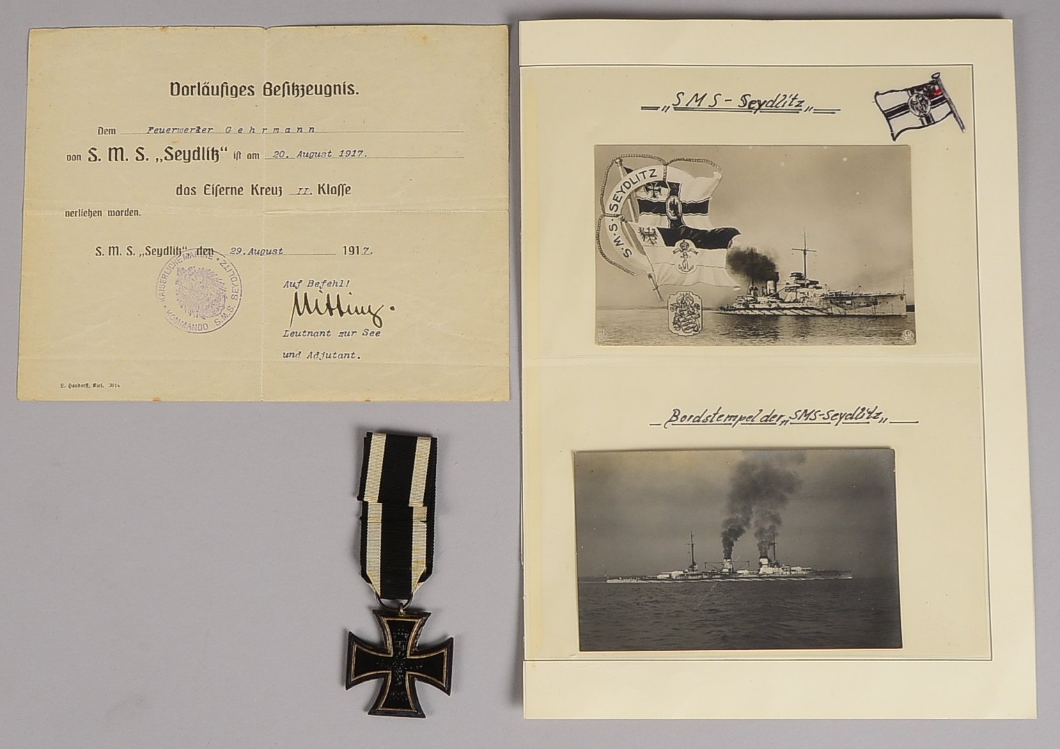 Ehrenz. (I. WK): 'Eisernes Kreuz II. Klasse', mit Urkunde, und 3x Postkarten