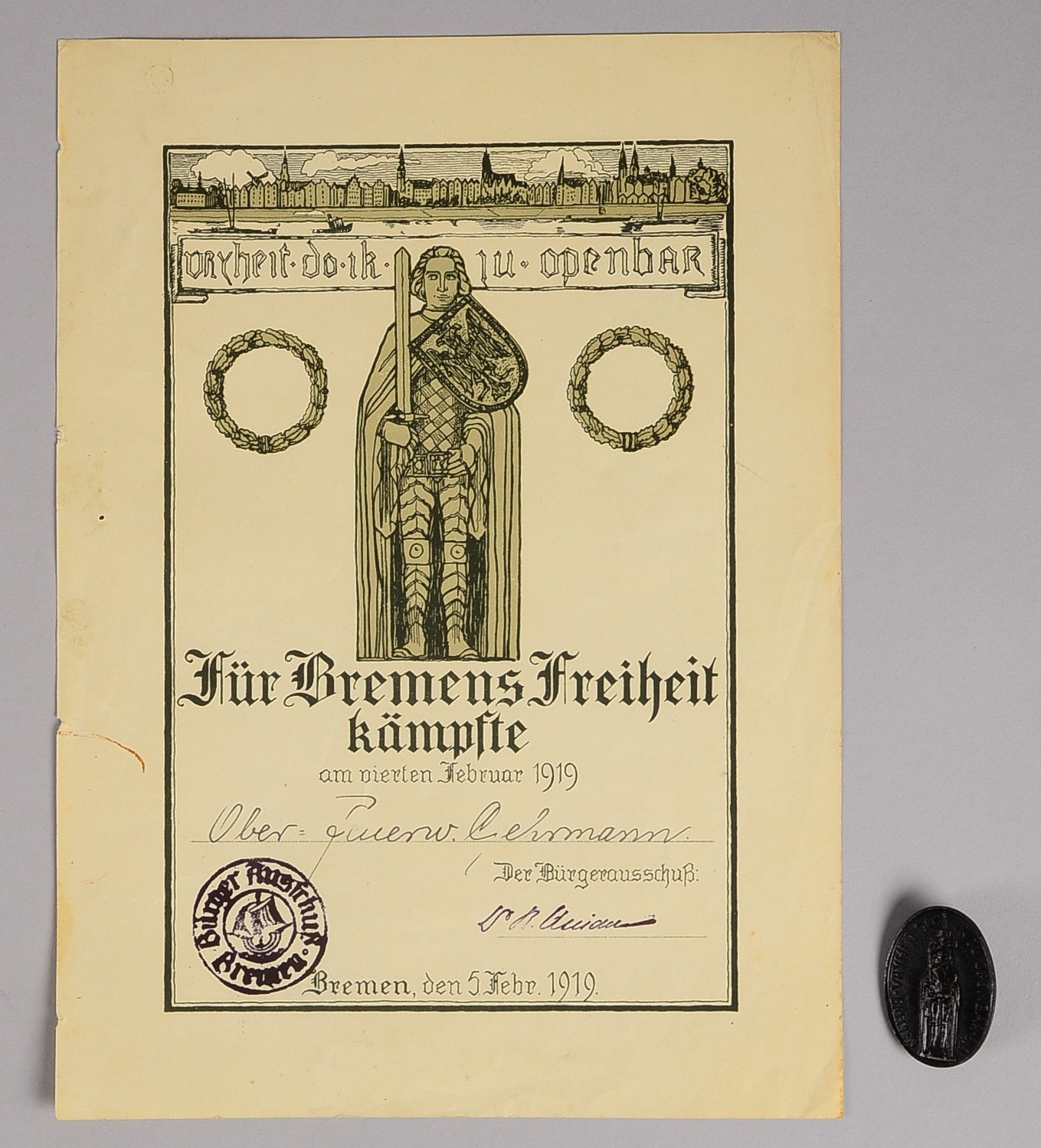 Ehrenabz. (Bremen, 1919): 'Bremer Roland - Vryheit do ik ju openbar', mit Urkunde