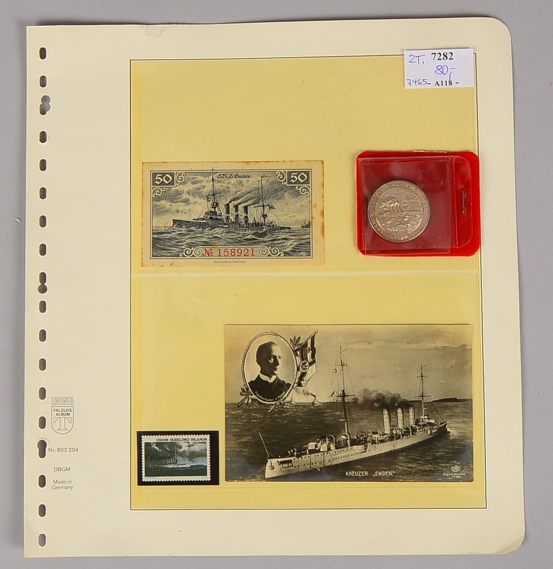 Marine-Sammlerkonvolut: Silbermedaille 'Emden', dazu Banknote, Postkarte, Briefmarke