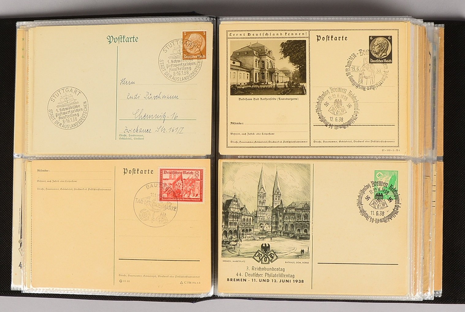 Postkarten mit Briefmarken: Dienstm. 'Deutschland', 'Österr.', 'Schweiz' - im Album