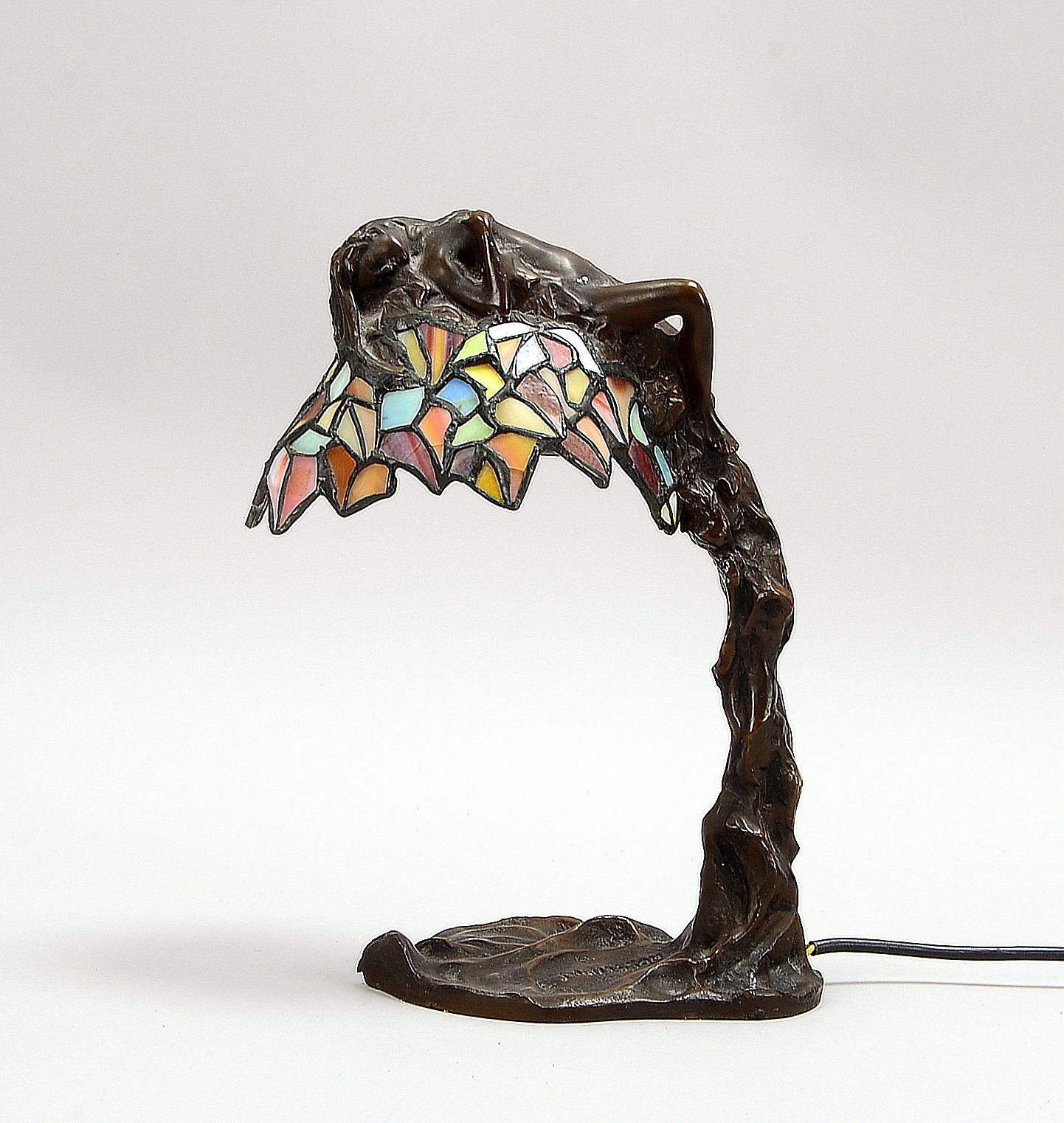 Tischlampe, 1-fl., Modell 'Daphne', Bronze-Fuß, mit farbiger Bleiverglasunng
