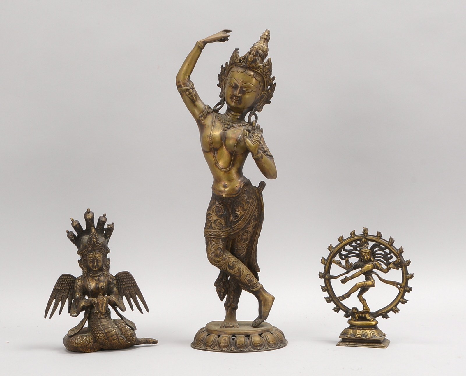 3 Bronzefiguren, buddhist./hinduist. 'Gottheiten': 'Tara', 'Nataraja', 'Nag-Kanya'