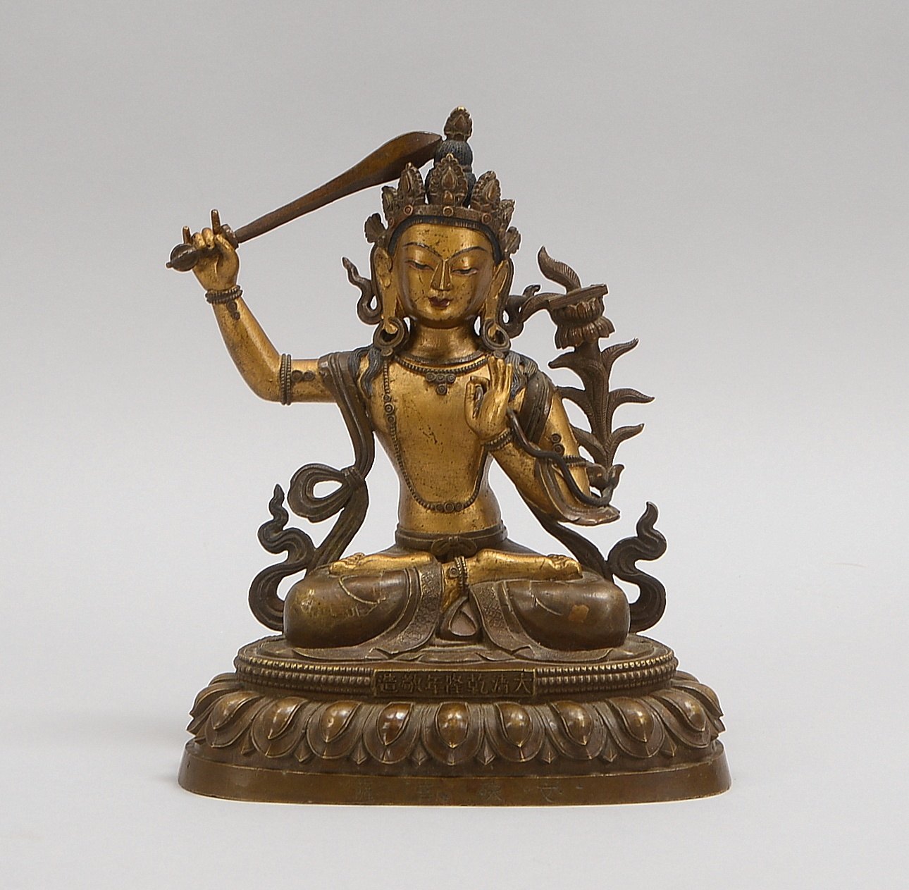 Bronzeskulptur, 'Sitzender Buddha', Handattribute ('Wen Shu Pu Sa'), 2-farb. Hohlguss