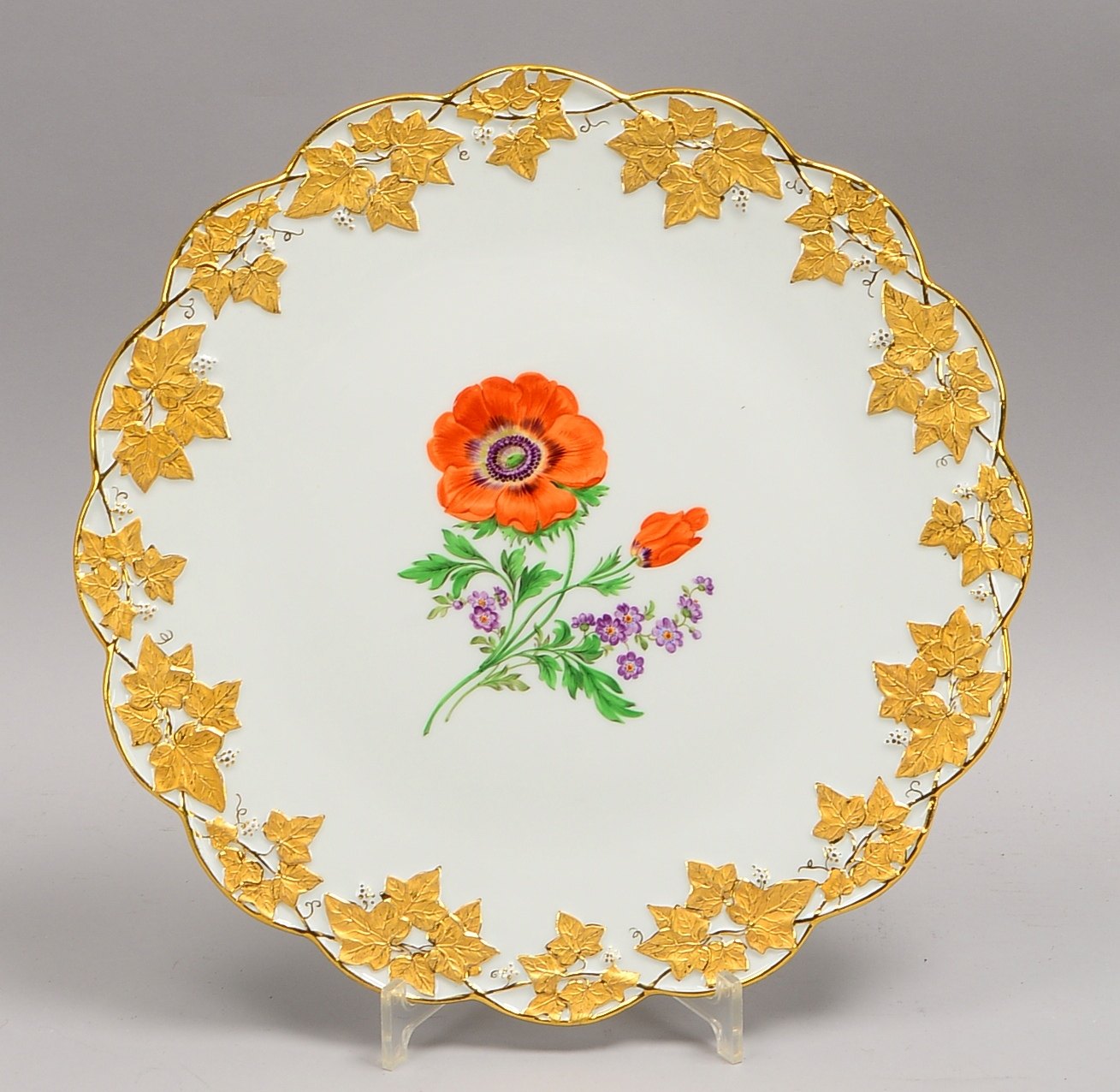 Meissen-Prunktablett, Spiegel mit floraler Handbemalung, Weinlaubdekor/verg.