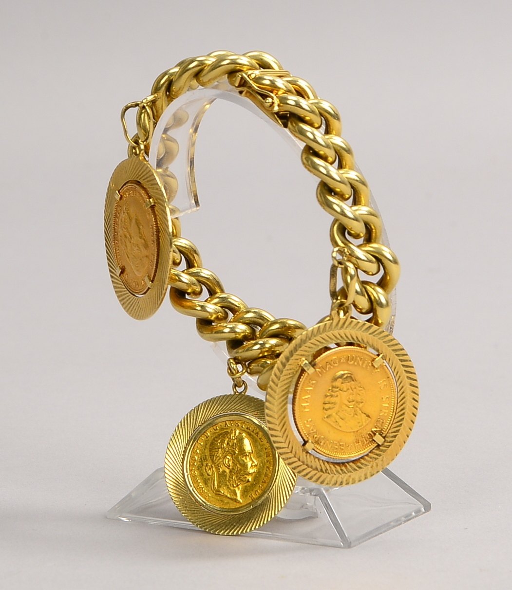 Armband, 585 GG, Panzerglieder, 3x Goldmünzen/585 GG-Fassung; Gewicht 69,96 g