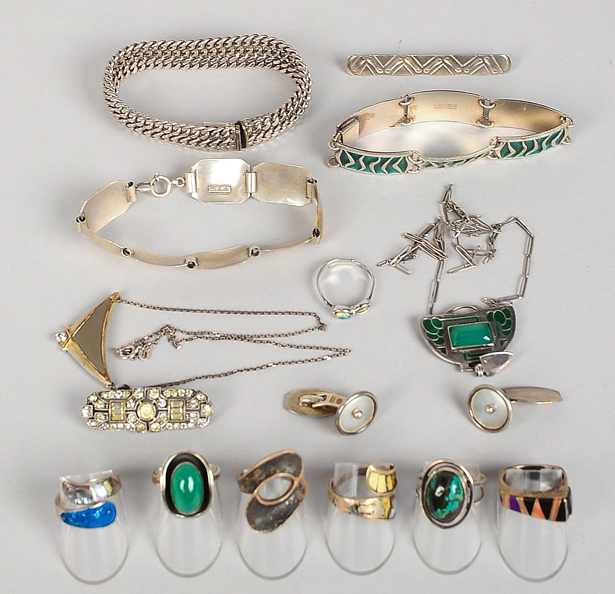 Silber-Halsketten, Armbänder, Ringe, u.a., unterschiedl. Steinbesatz; Gewicht 160 g