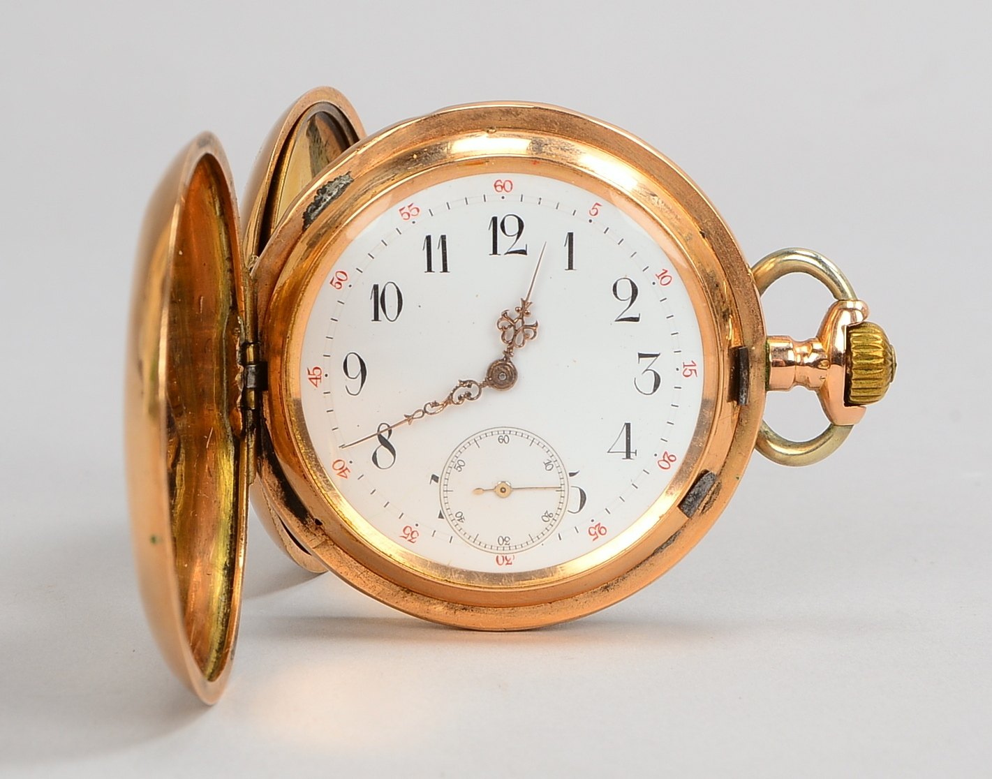 Taschenuhr, 585 GG-Geh./Metall-Staubd., weißes Ziffernbl.; Ø 51 mm, Gewicht 98 g