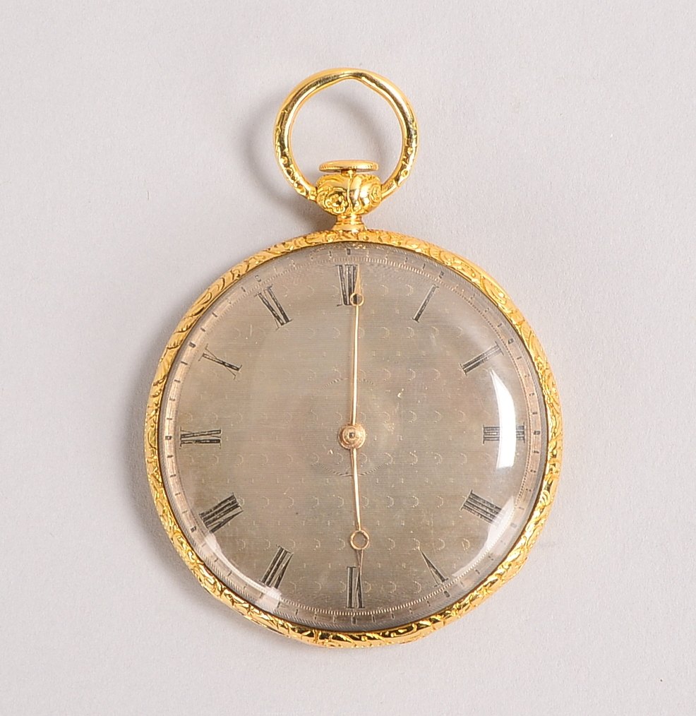 Taschenuhr, Lepine, Schlüsselaufzug, 750 GG, Deckel floral zisel.; Ø 5 cm, Gewicht 64 g