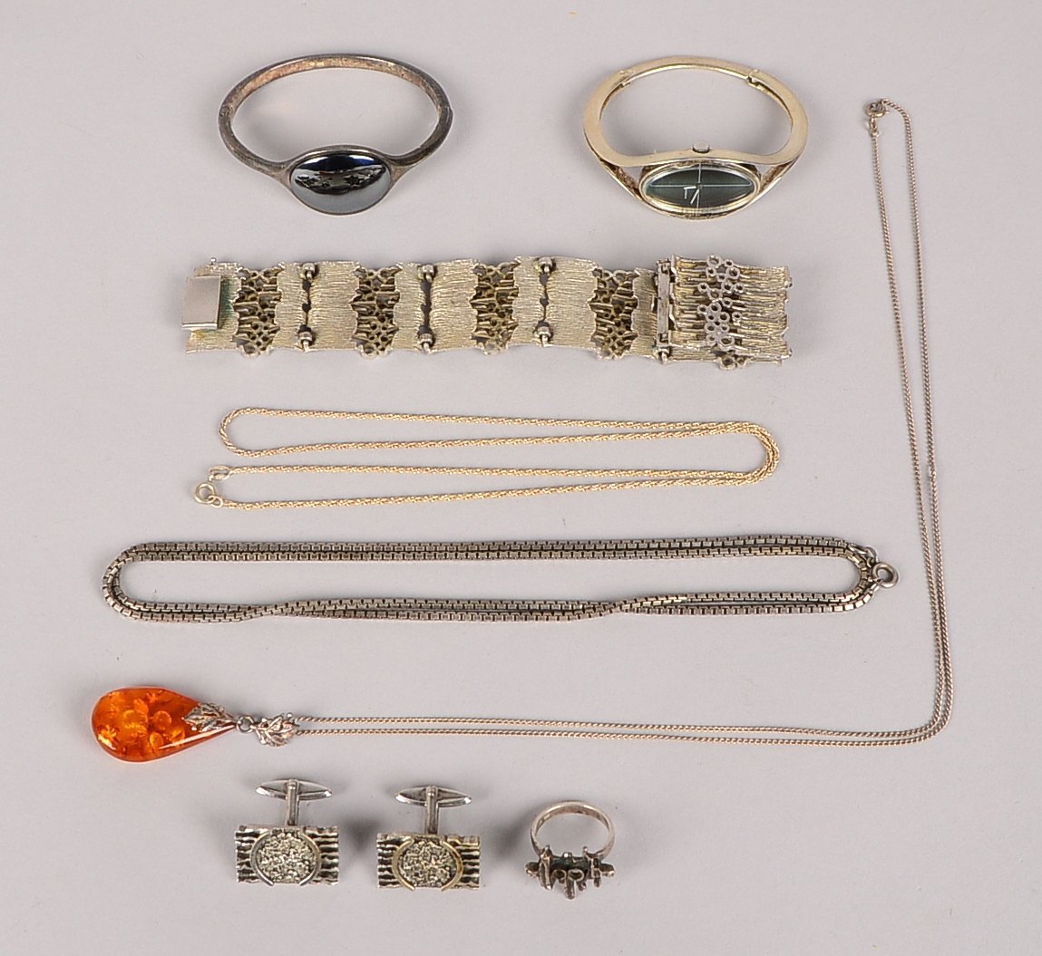 Silberschmuck: Armbanduhr, Armband, Armreif, Manschettenknöpfe, u.a.; Gewicht 170 g