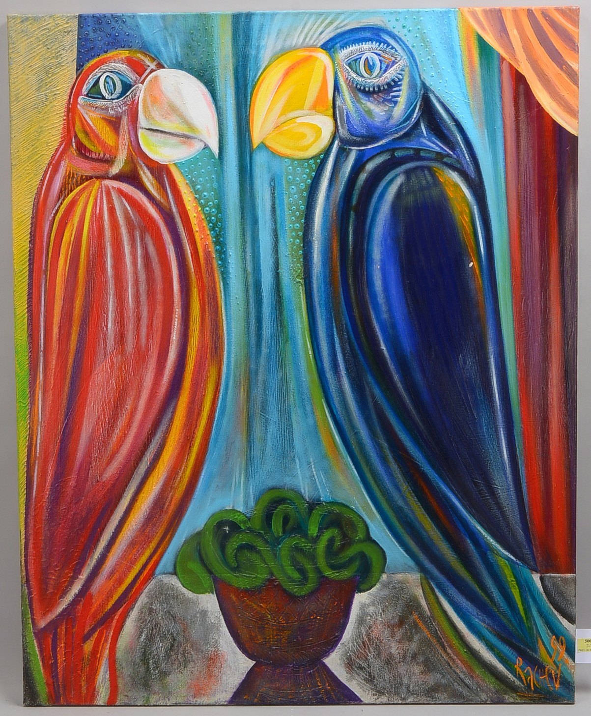 Rachev, Rumen, 2 Exotic Birds, Öl/Lw, signiert/datiert, ungerahmt; BM 106 x 86 cm