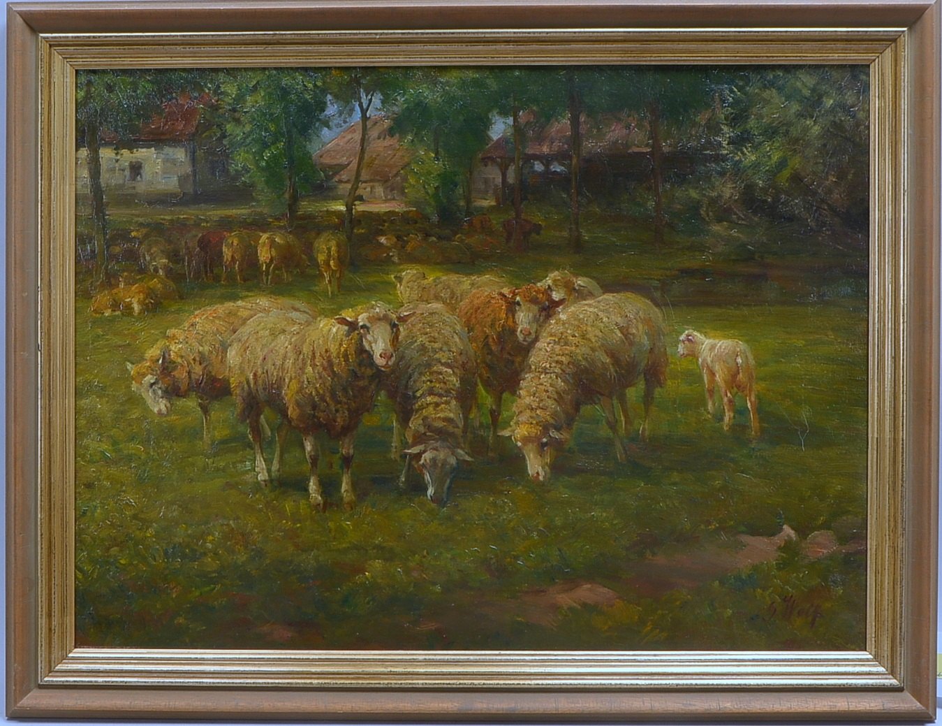 Wolf, Georg, Schafherde, Öl auf Holz, signiert; BM 50,5 x 68 cm, RM 60 x 78 cm