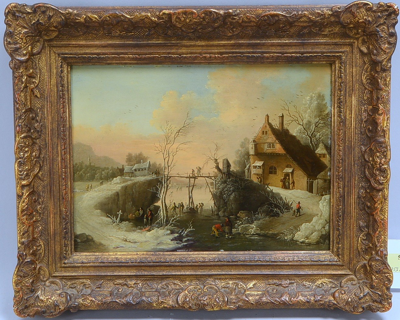 Gemälde, Eisvergnügen, Öl auf Holzplatte, unsign.; BM 20 x 28 cm, RM 32 x 39,5 cm
