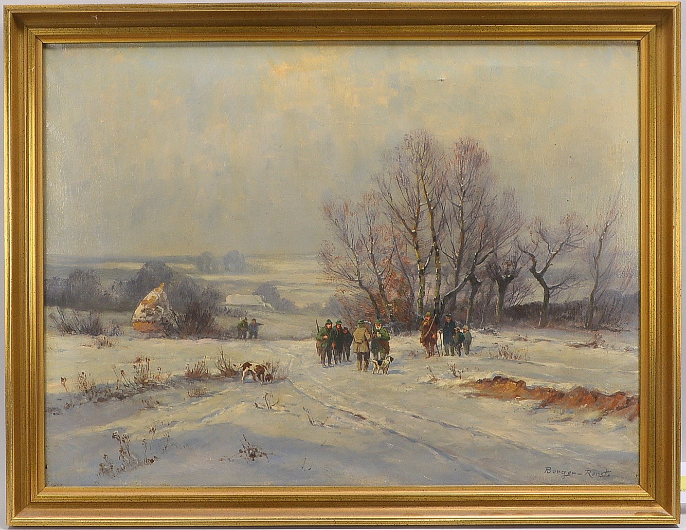Gemälde, Jäger in Winterlandschaft, Öl/Lw, sign. 'Berger-Renst.'; RM 68 x 88 cm
