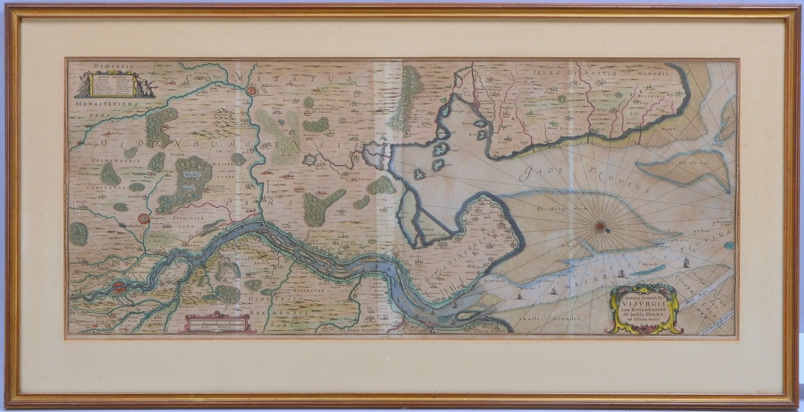 Karte der Wesermündung, Kupferst./teilkol., von 2x Platten gedr., BM: 30,5 x 72,5 cm