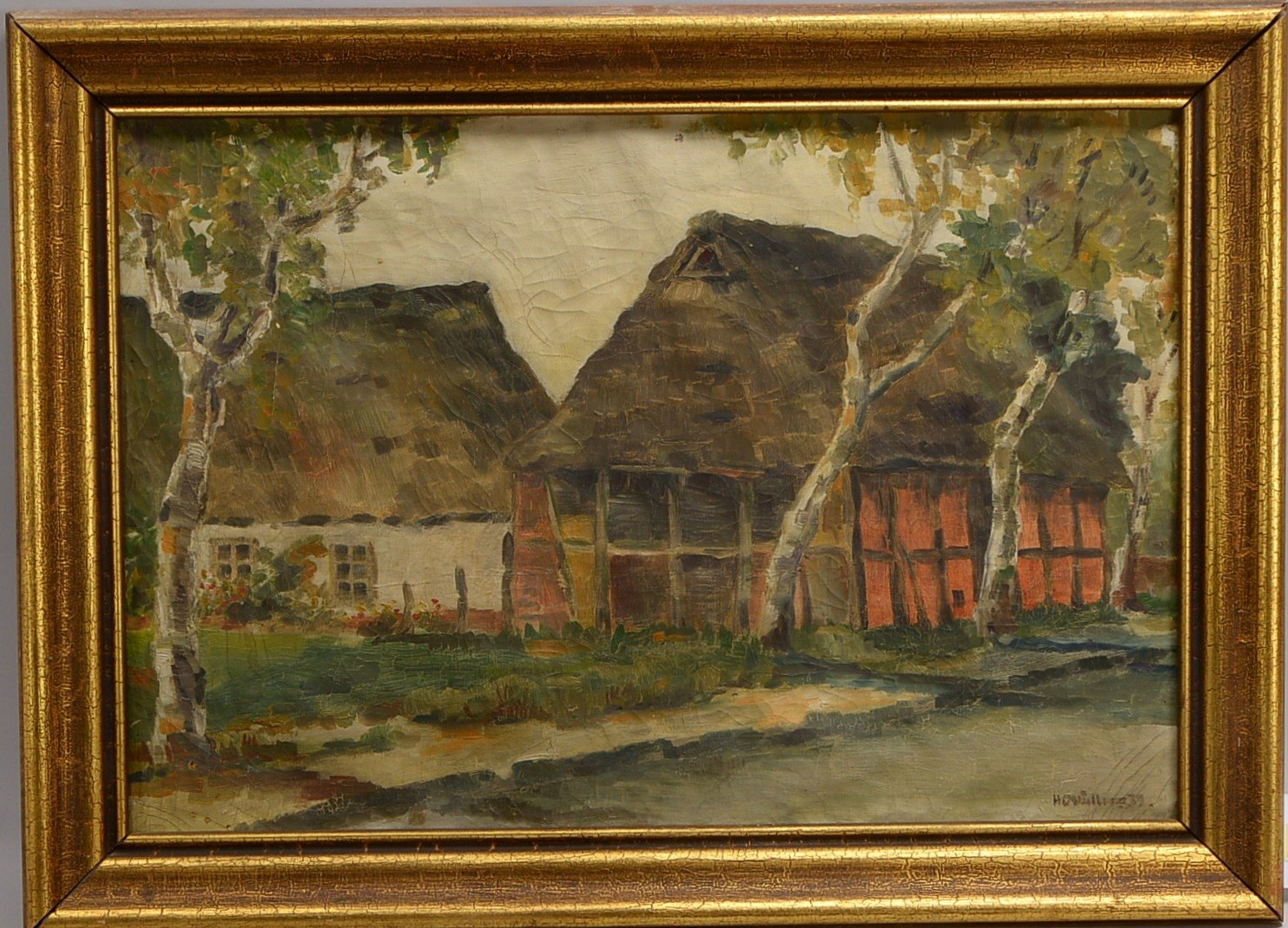 Gemälde, Bauernkate, Öl/Lw, sign./dat.; BM 41,5 x 60 cm, RM 51 x 71 cm