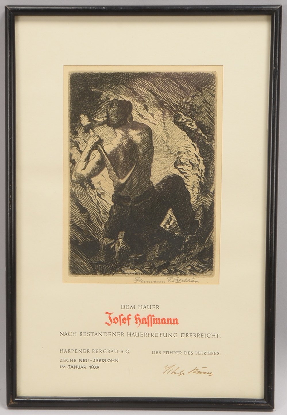 Kätelhön, Hermann, Bergmann, Radierung, signiert/gewidmet; RM 37 x 25 cm