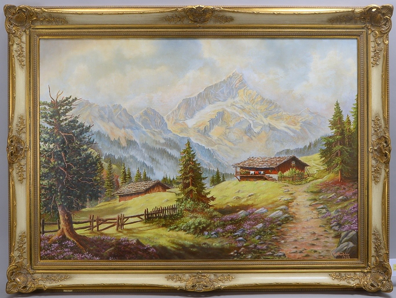 Bühler, Karl, Almhütte, Öl/Lw, sign./dat.; BM 70 x 100 cm, RM 88,5 x 119 cm