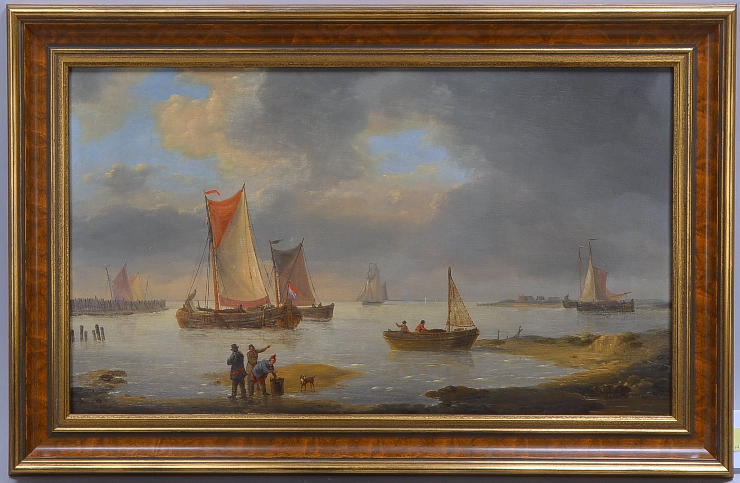 Gemälde, Anlandende Fischerboote, Öl auf Eichenplatte, signiert; RM 44 x 67,5 cm