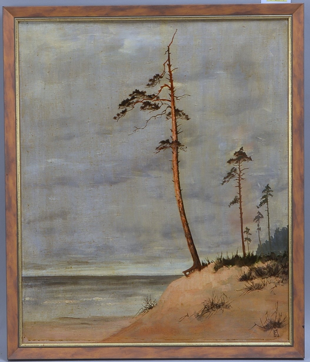 Monogr. KE, Ostseeküste mit Kiefern, Öl/Lw, monogr./datiert; RM 64,5 x 54,5 cm