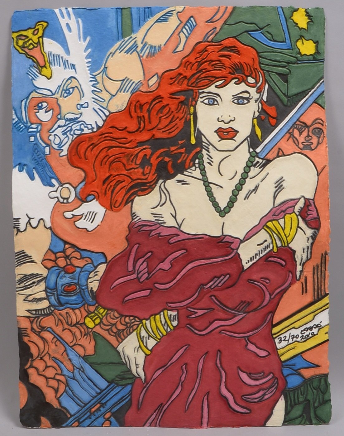 Erró, Rote Amazone, handkol. Prägedruck, 32/70, sign./datiert; BM 76 x 57 cm