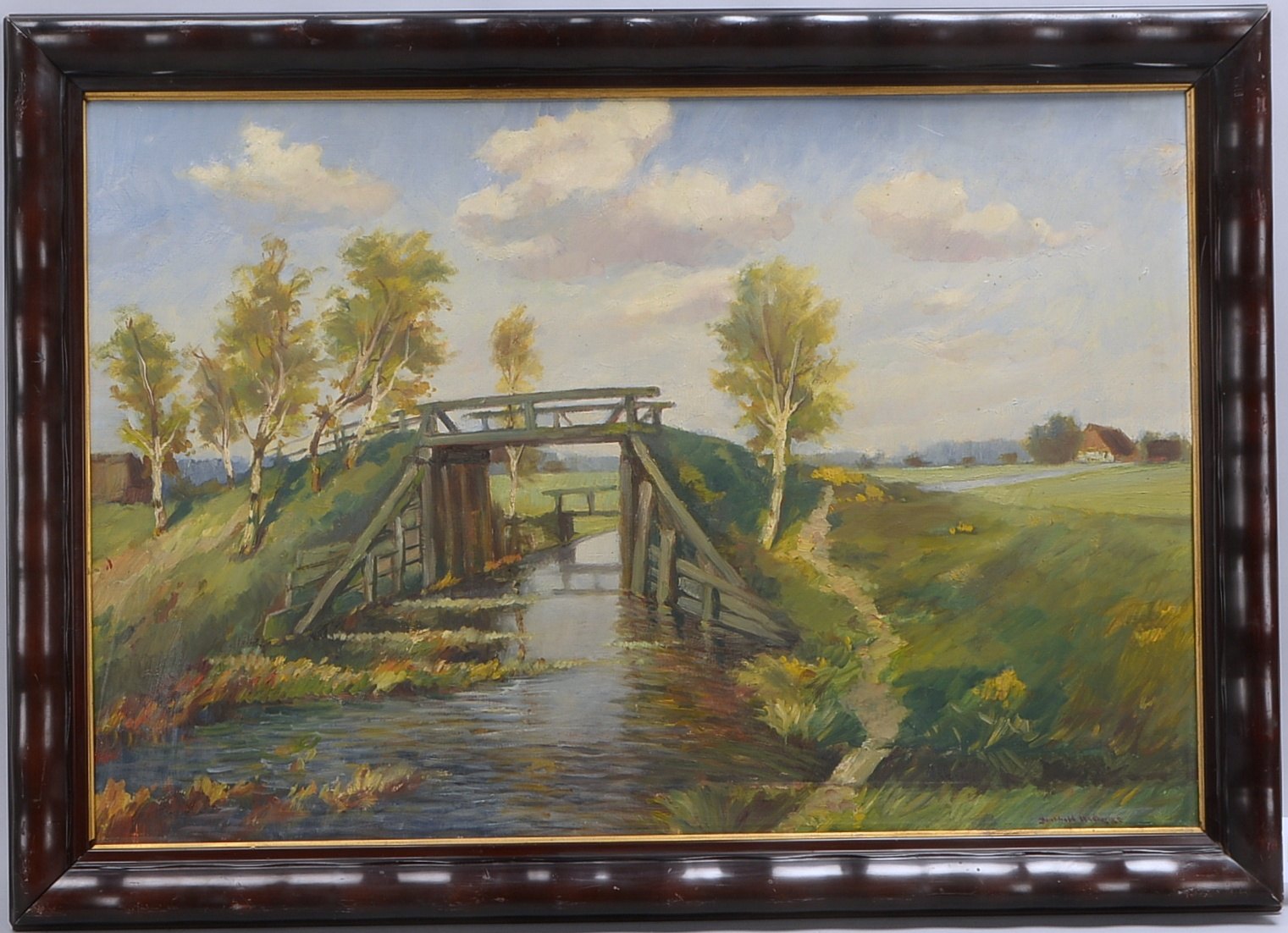 Mügge, Berthold, Brücke über Moorkanal, Öl/Platte, signiert; RM 75 x 105 cm