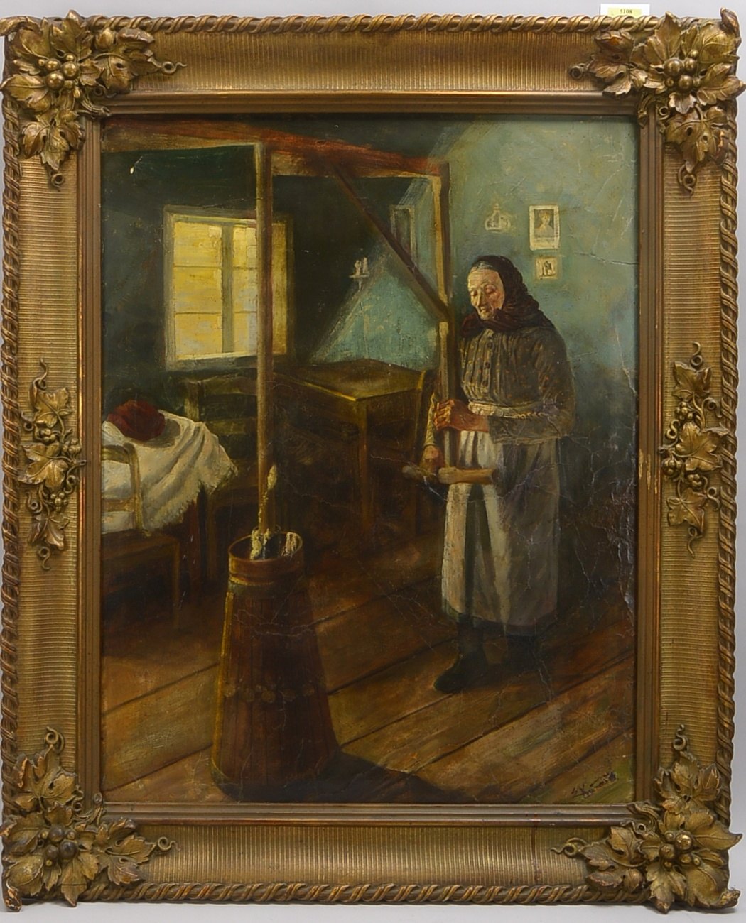 Gemälde, Bäuerin am Butterfaß, Öl/Lw, sign., im Prunkrahmen; RM 96,5 x 80,5 cm