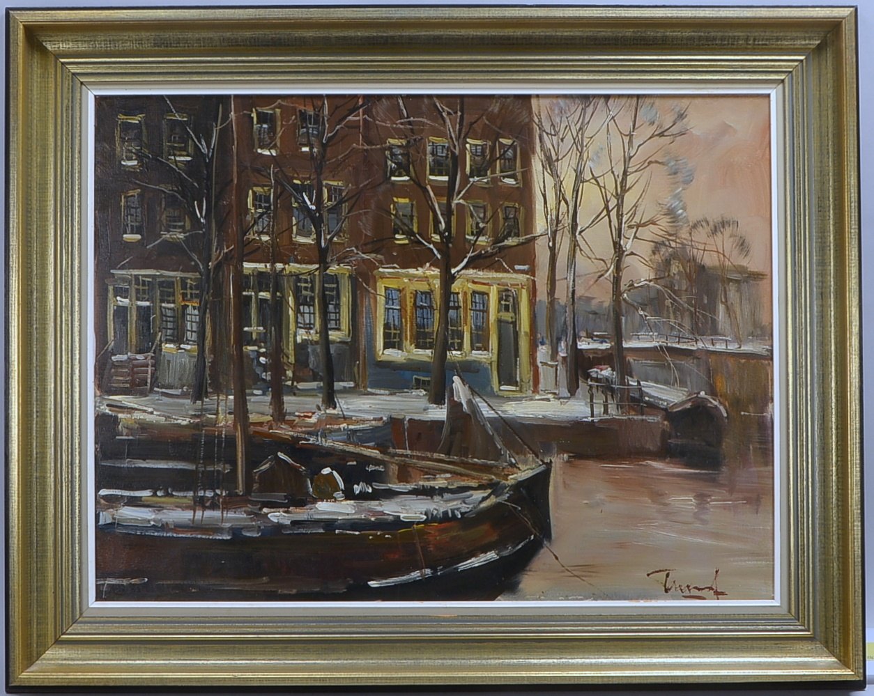 Gemälde, Winterliche Grachtenszene mit Booten, Öl/Lw, signiert; RM 80 x 100 cm