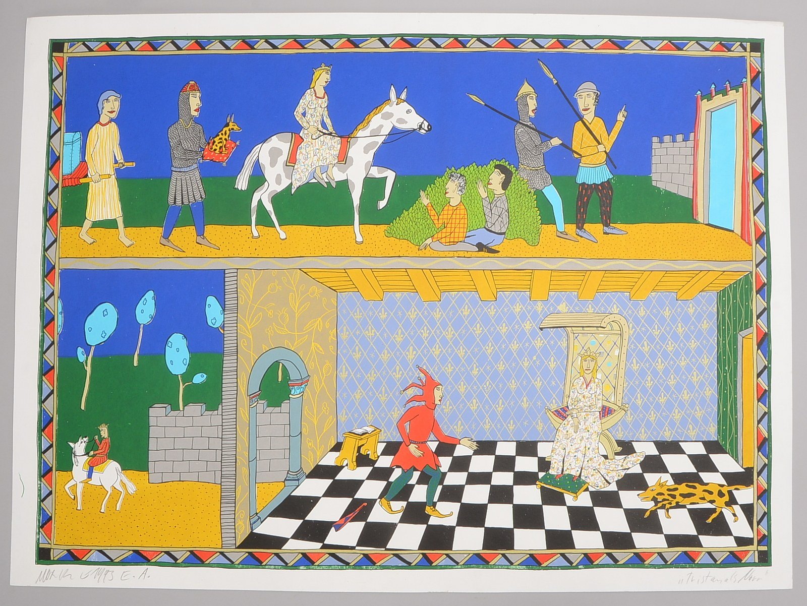 Götze, Moritz, Tristan als Narr, Farbserigrafie, E.A., sign./datiert; BM 60 x 88,5 cm