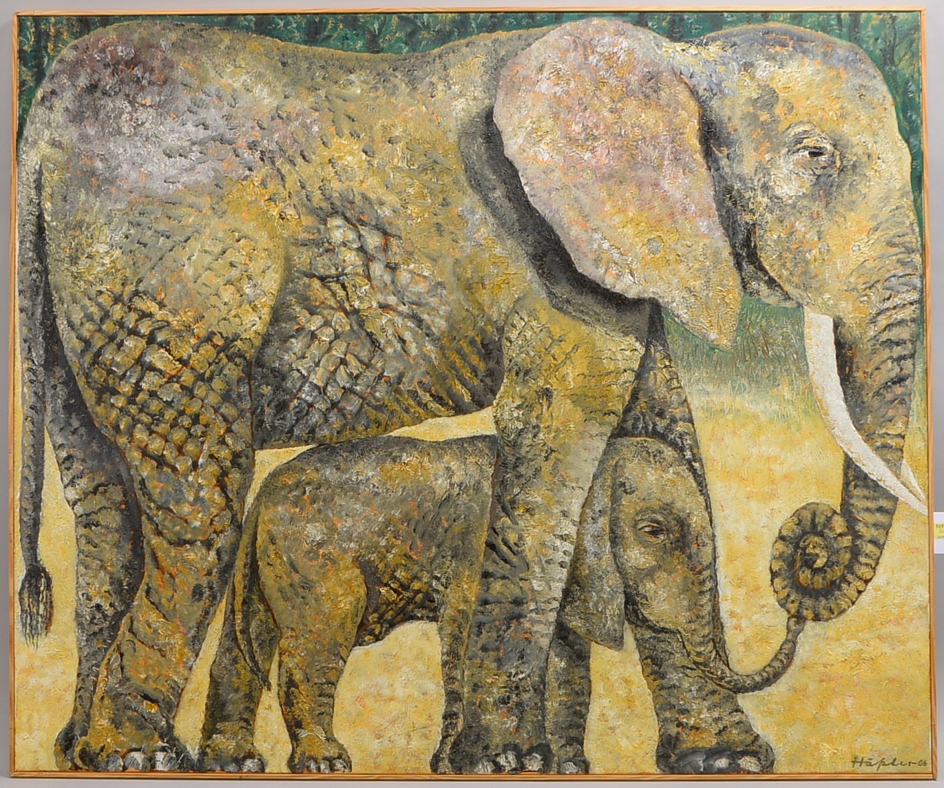 Häßler, Uwe, Elefantenkuh mit Kalb, Öl/Lw, sign./dat., in Leiste; BM 100 x 120 cm
