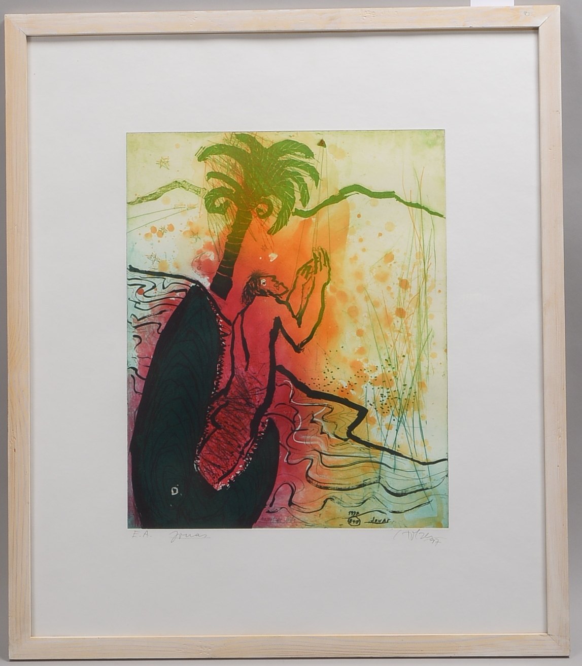 Holzer, Adi, Jonas, Farblithografie, sign./dat., hinter Glas; RM 81 x 69 cm