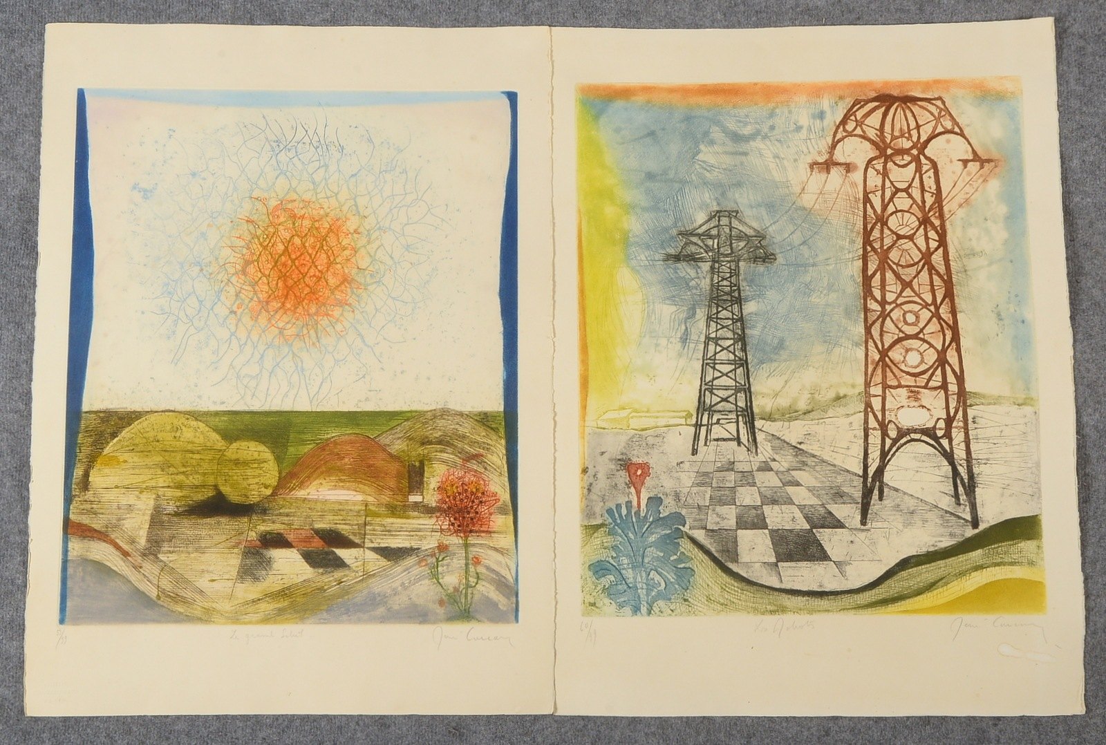 Carcan, René, 2 Farbrad.: Le Grand Soleil/Les Robots, sign.; Maße 76 x 56 cm