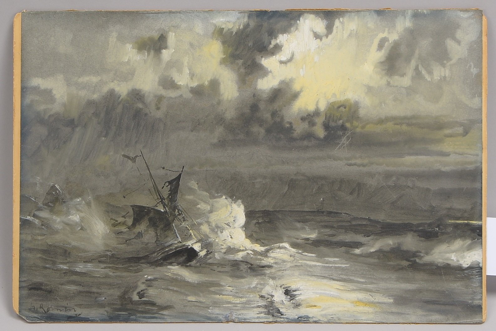 Romin, Georg, Schiffbruch, Aquarell/Deckfarbe auf Karton, sign.; BM 43,7 x 29,7 cm