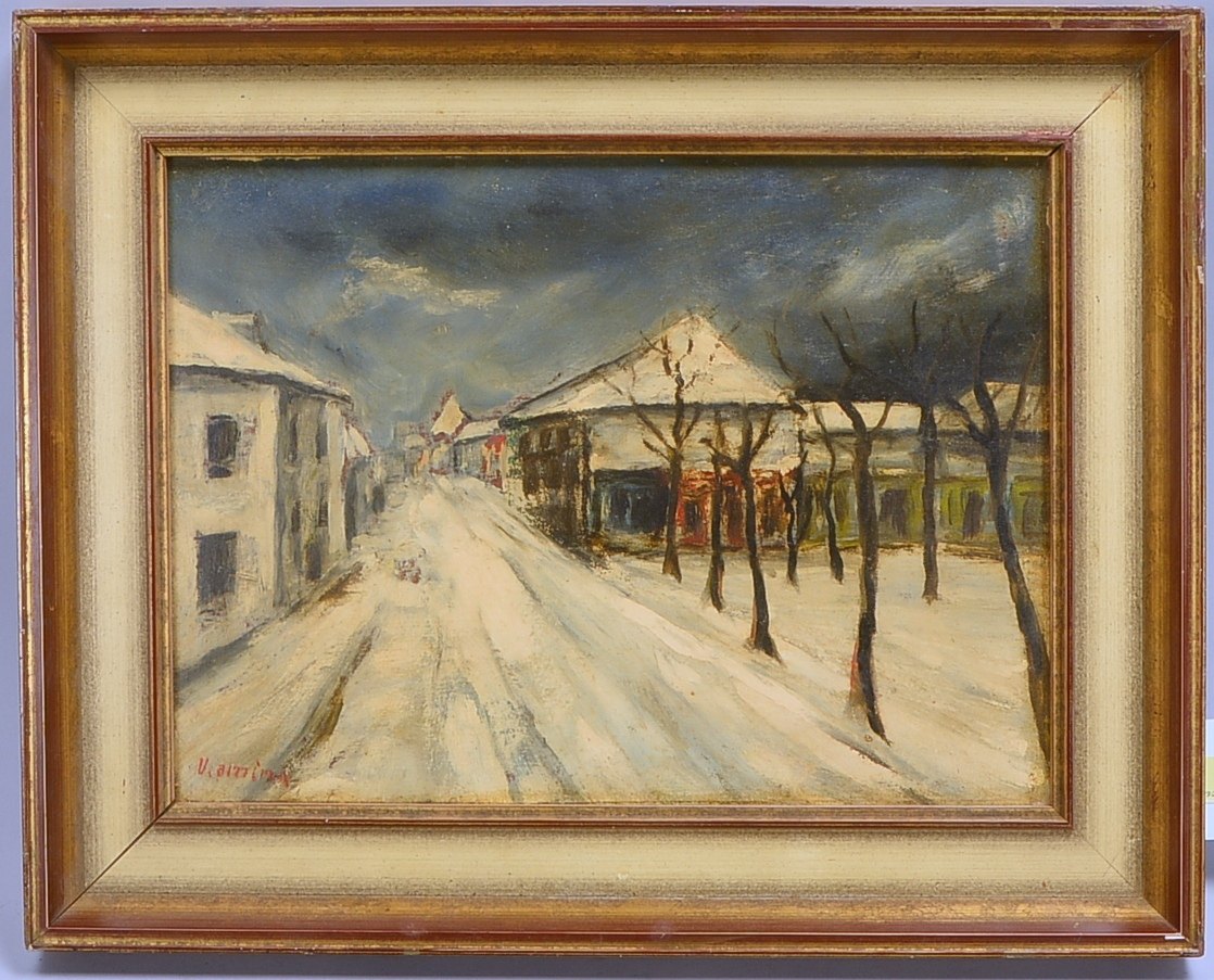 Gemälde, Dorfweg im Winter, Öl/Malkarton, sign. Kaminer(?); BM 30,5 x 41 cm