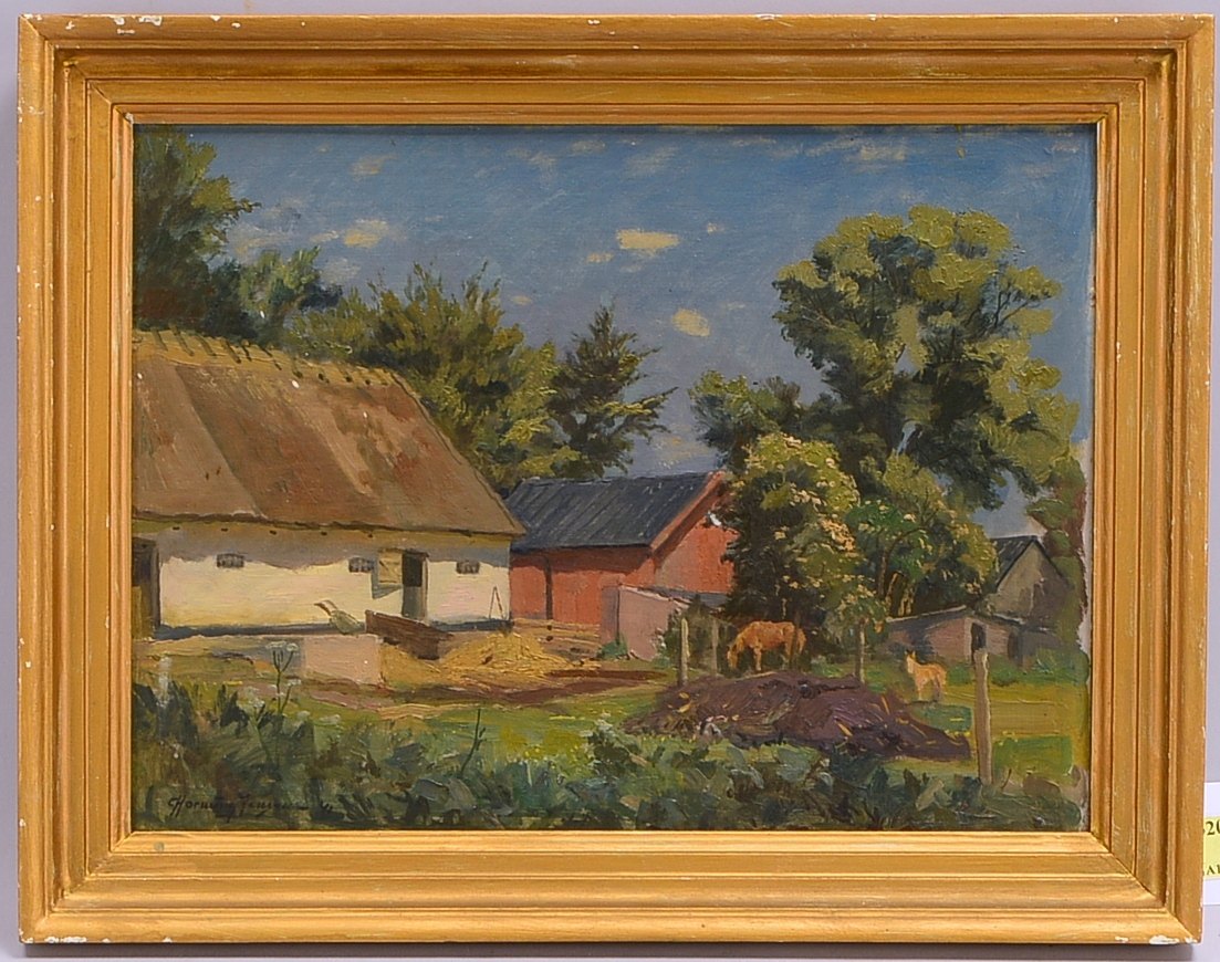 Hornung-Jensen, C., Gehöft mit Pferden, Öl/Holzplatte, sign./dat.; BM 24,5 x 32,5 cm