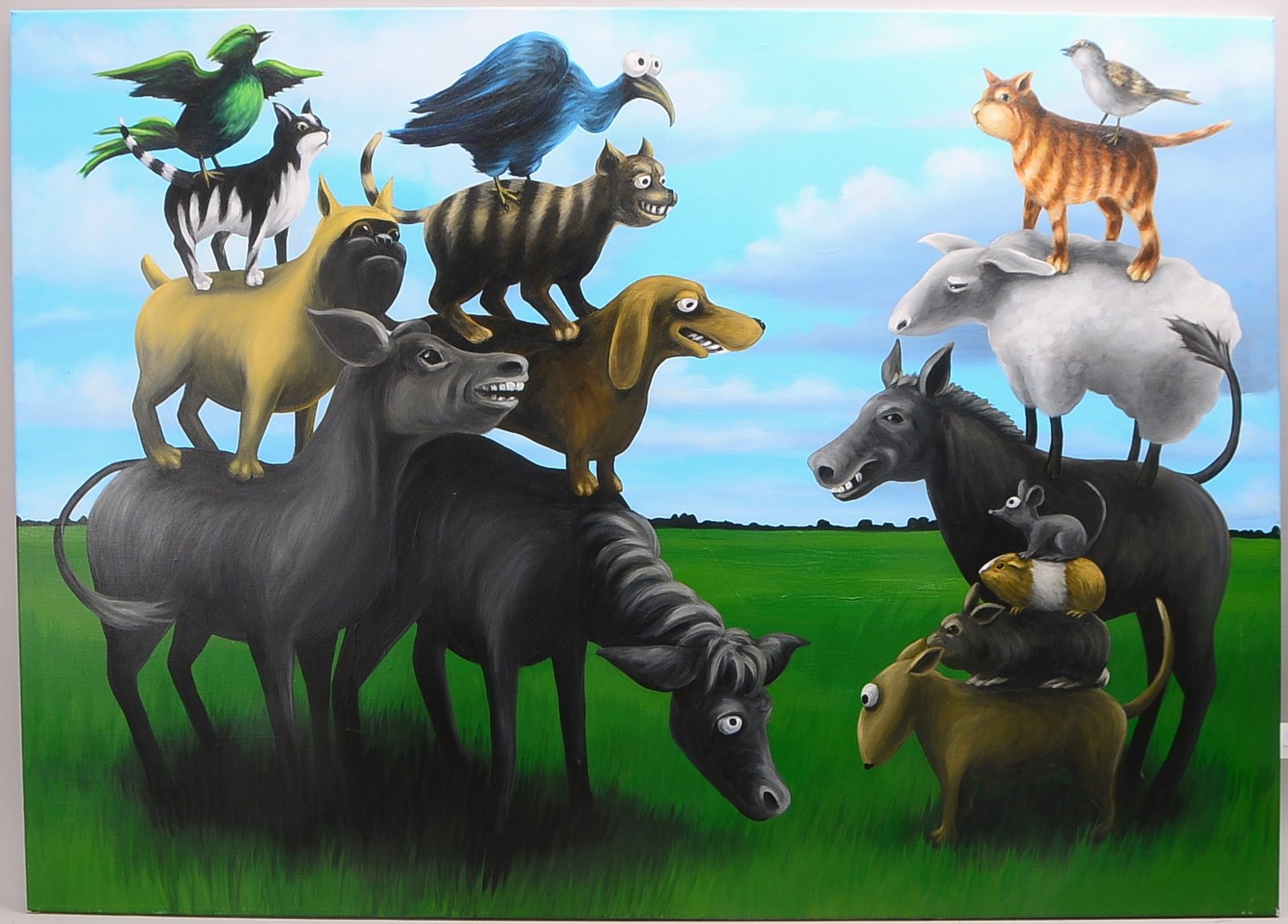 Multimoni, Stadtmusikanten, Acryl/Lw, verso sign./dat.; BM 100 x 140 cm