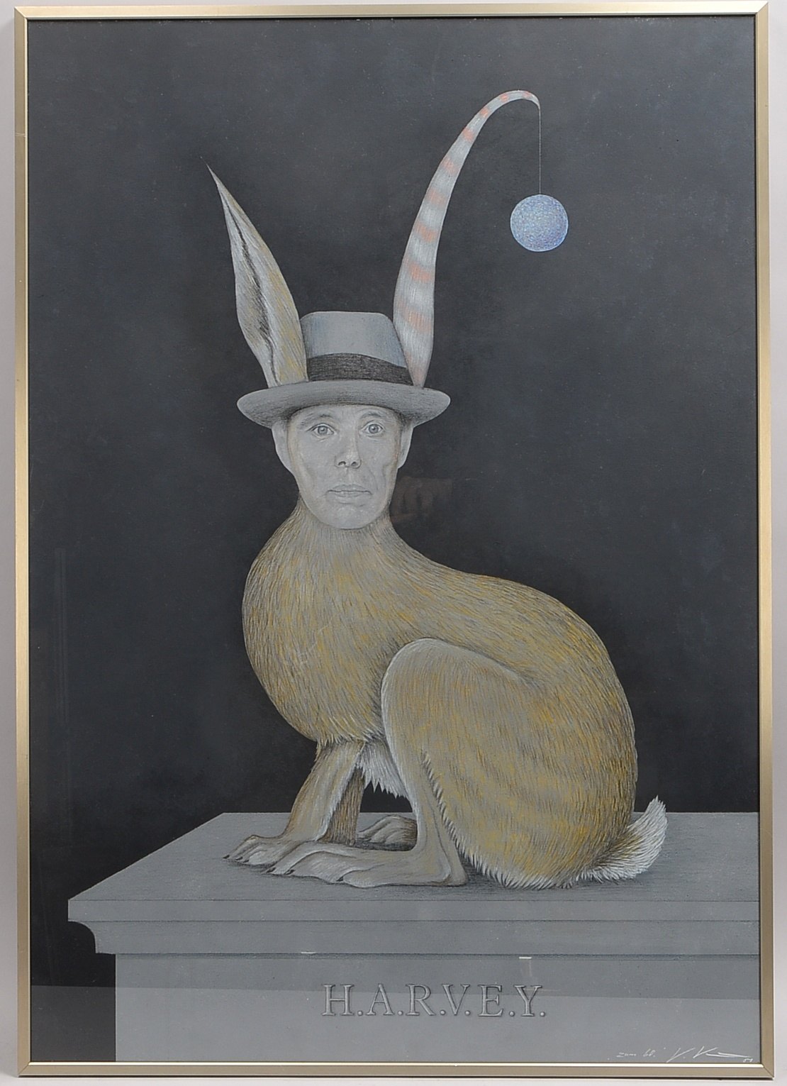 Kühn, V., surrealist. Beuys-Portrait, Öl/Lw, sign./mit Widmung; Rahmenmaße 102 x 72 cm