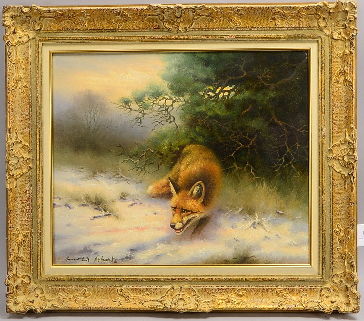 Schatz, Arnold, Schnürender Fuchs im Winter, Öl/Lw, sign.; RM 71 x 82 cm