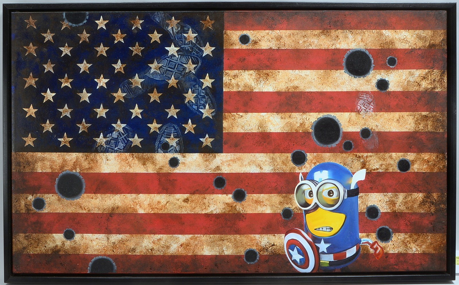 Pop Art-Bild, Captain America - Minion vor USA-Flagge, bez./dat. 2014; BM 60 x 100 cm