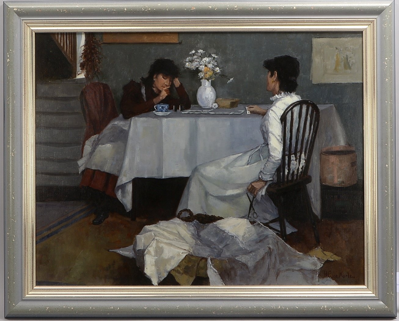 de Korte, H.G., Domino-Spielerinnen, Öl/Lw, sign.; BM 70 x 90 cm, RM 85 x 106 cm