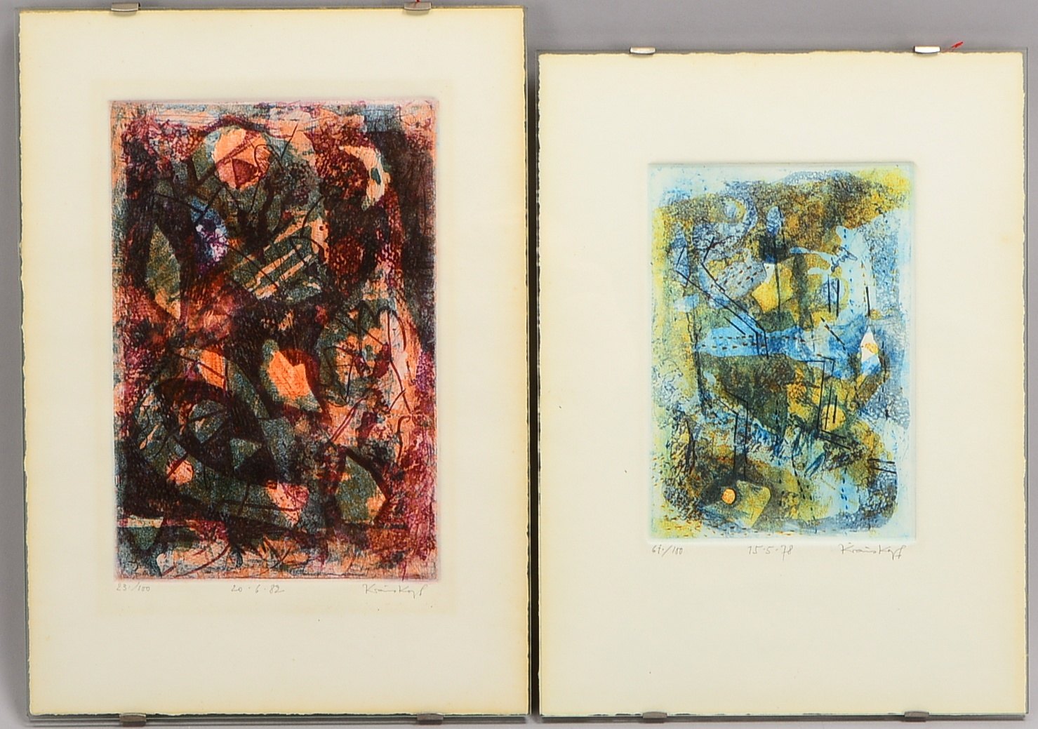Krauskopf, K.H., Abstraktionen, 2 Farblithogr., sign./dat., hinter Glas; RM 35 x 25 cm