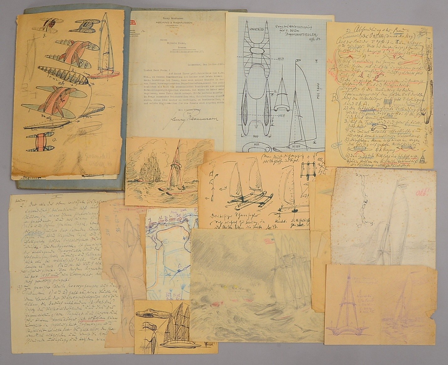 Focke, Wilhelm H., orig. Boots-Konstruktionsskizzen/Pläne, ca. 30 Blätter, u.a.