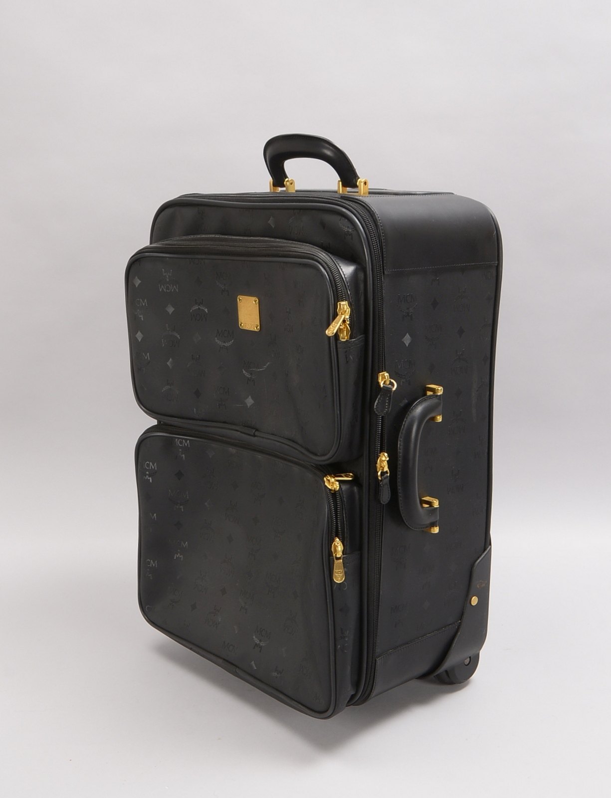 MCM, Trolley, goldfarbenes Hardcase, Lederbesatz, div. Seitentaschen; Höhe 55 cm