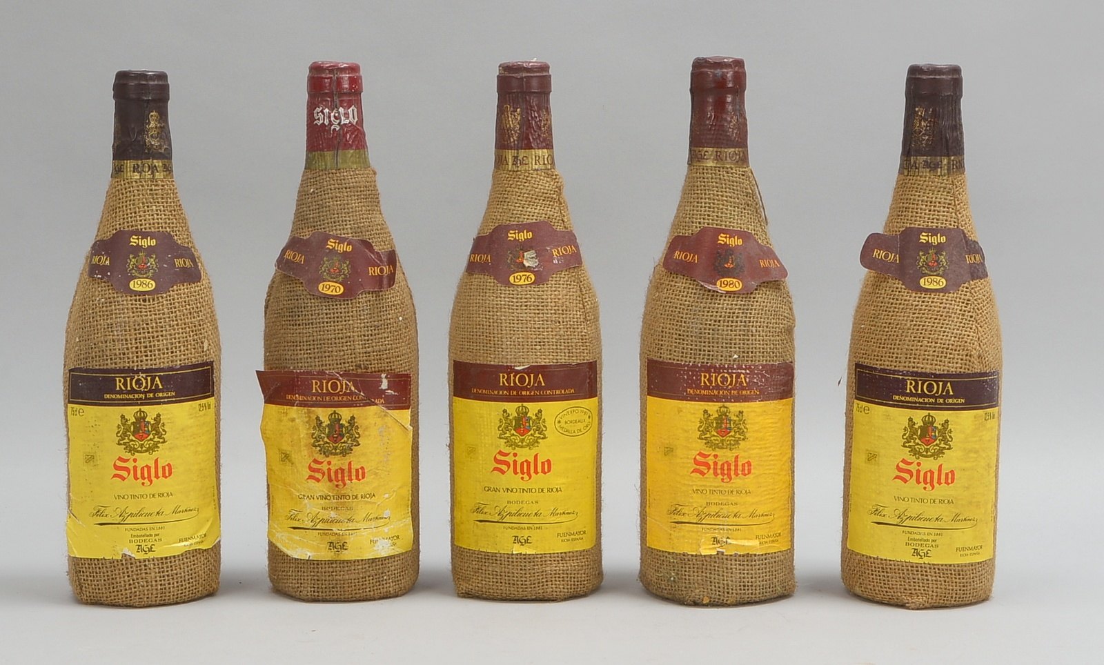 5 Fl. Siglo - Bodegas Felix Azpilicueta Martínez Rioja, Jg. 1970, 1976, 1980, 2x 1986