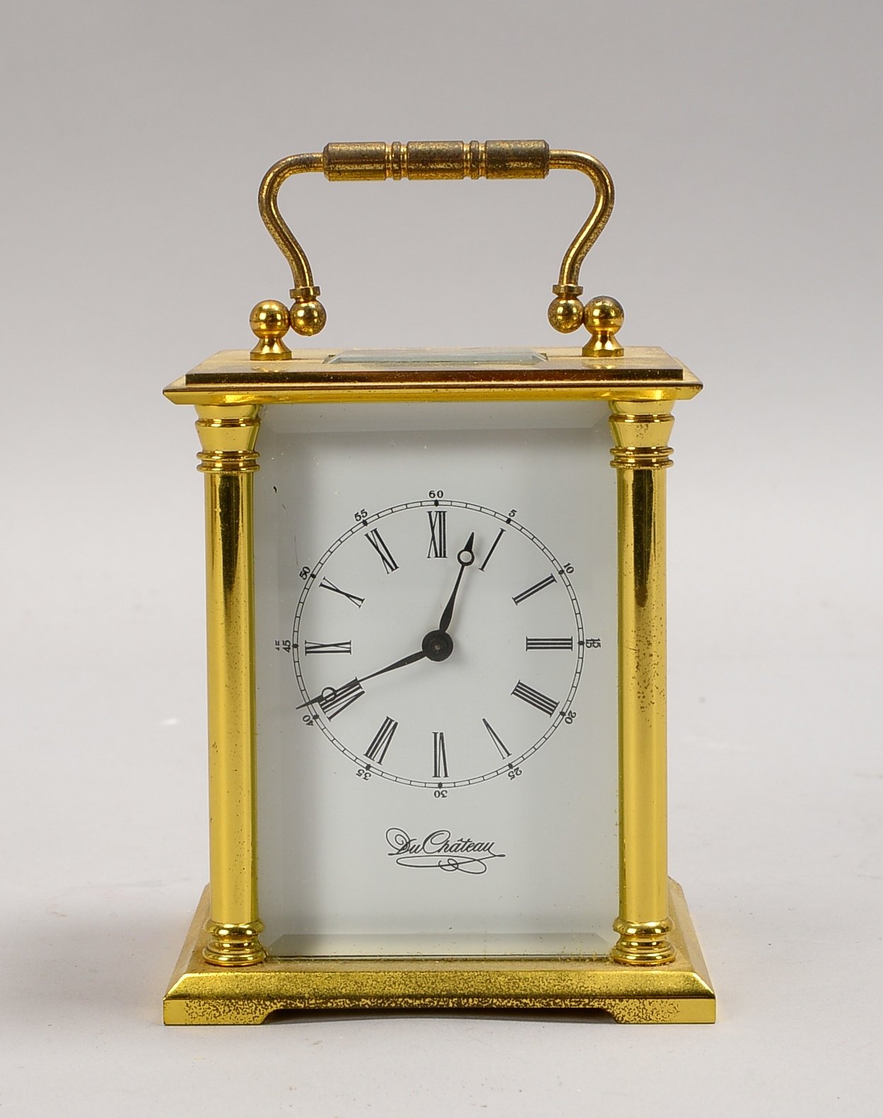 Reisewecker, 8-Tage-Uhrwerk, verglastes Messinggehäuse ; Höhe/mit Griff: 14 cm