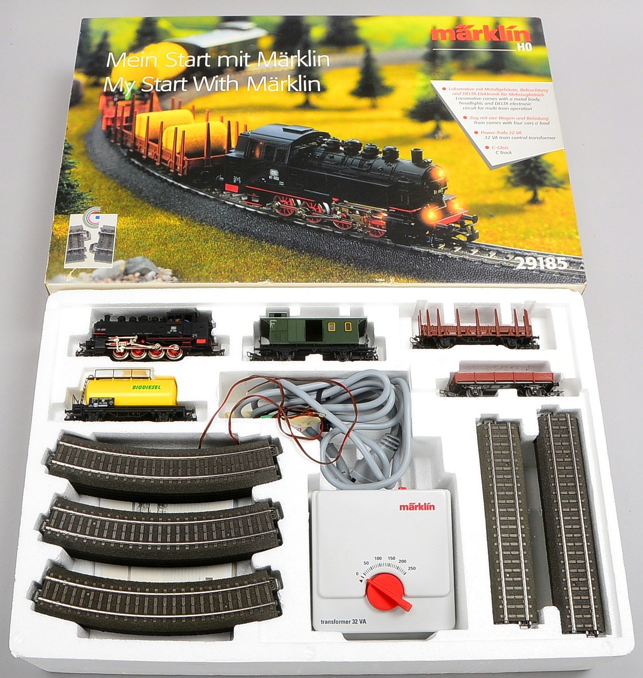 Märklin H0, Nr. 29185: Lok für Mehrzugbetrieb, 4x Wagen, Trafo, Gleise - in OVP