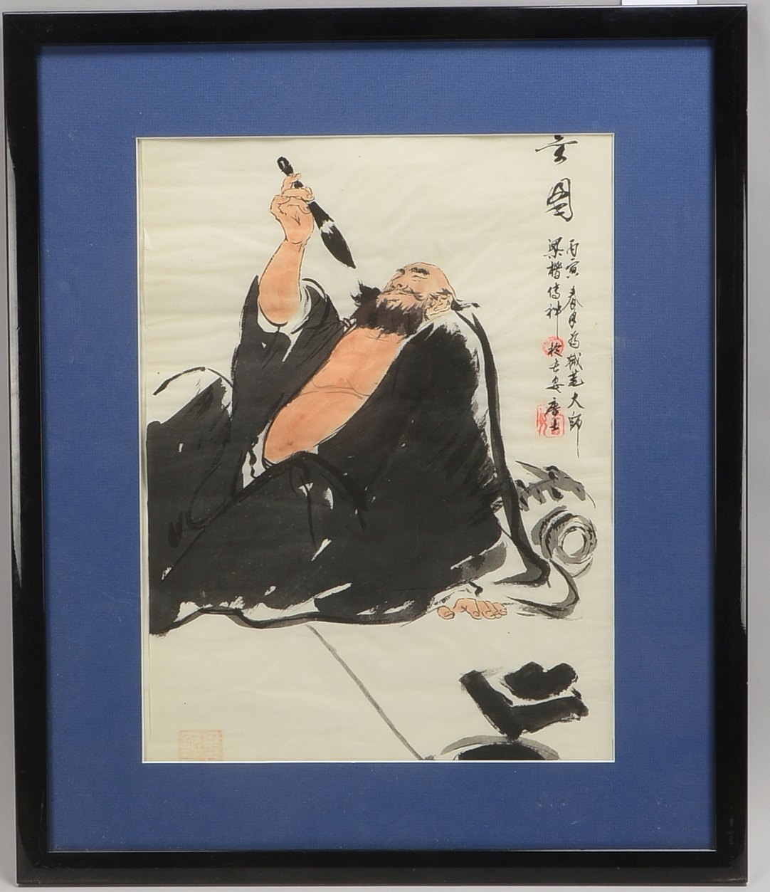Malerei, Mönch mit Pinsel, Tusche/Papier, Stempelsign./Kalligr.; Maße 46 x 34,5 cm