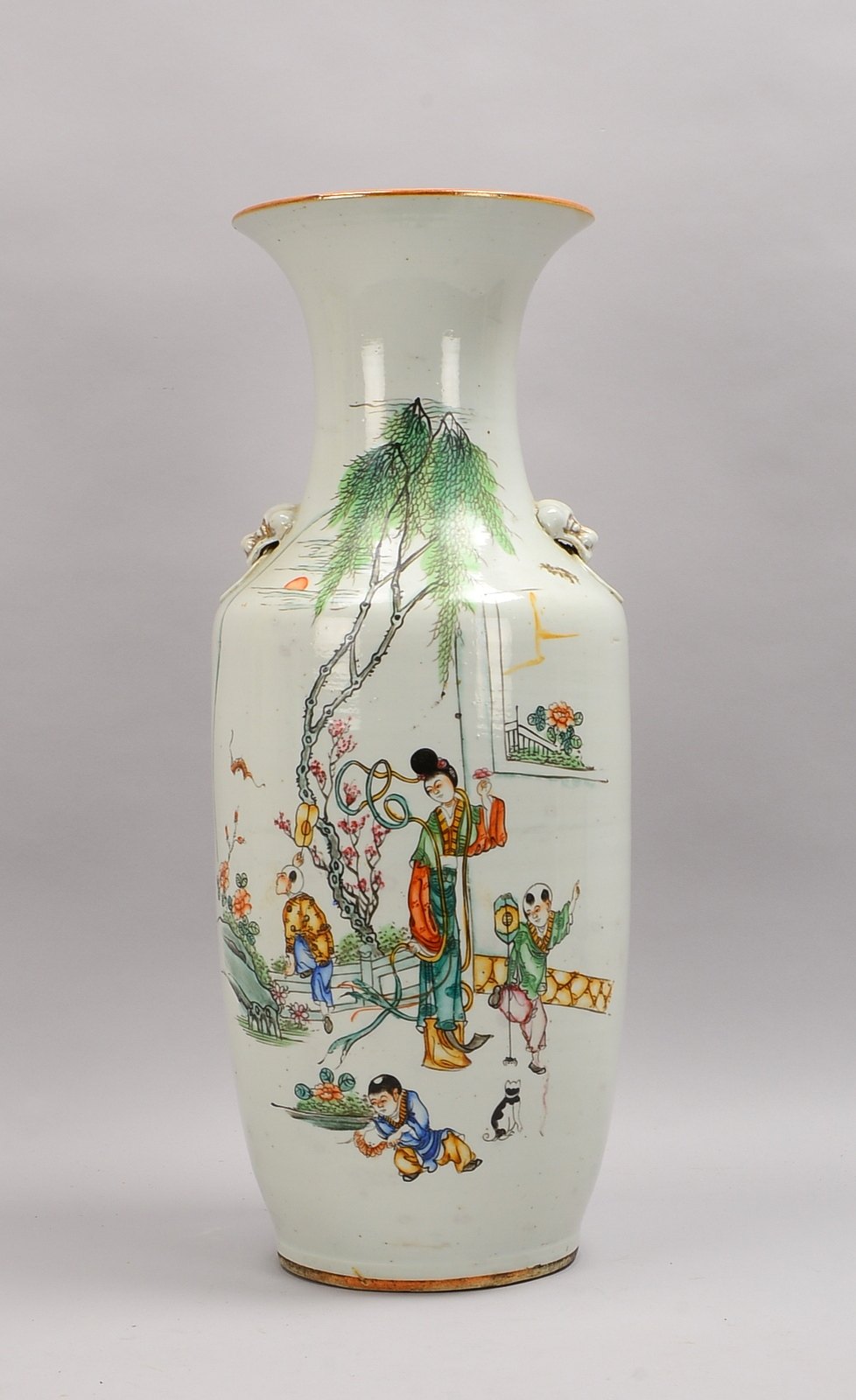 Porzellanvase, ovoid, polychr. Dekor/Kalligrafie, 2x Handhaben; Höhe 58 cm