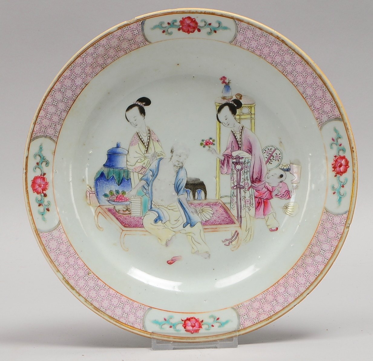 Porzellanteller (ungemarkt), polychr. Dekor, Hofszene mit Geishas; Ø 23,5 cm